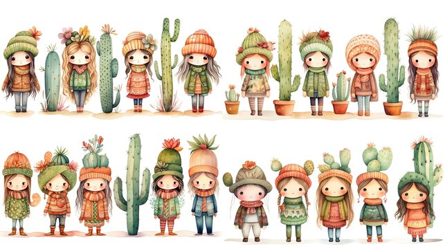 watercolor style cartoon illustration of cute kid wearing winter coat, scarf, and wool cap with cactus pots, isolated on white background, collection set,  Generative Ai