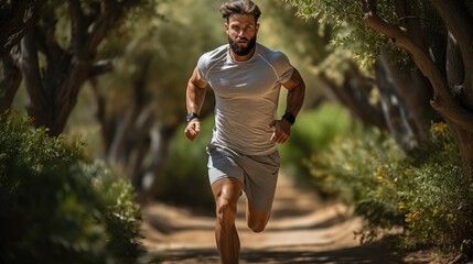 A man running through a forest, AI - obrazy, fototapety, plakaty