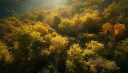 Tranquil autumn meadow, vibrant leaves, blue sky, flying birds generated by AI