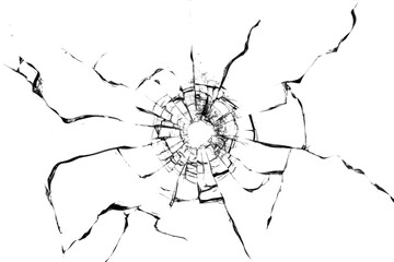 Broken glass texture. Bullet hole. Transparent background