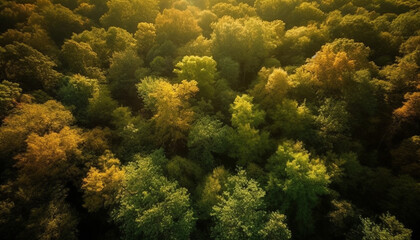 Fototapeta na wymiar Vibrant autumn landscape yellow leaves, green grass, blue sky wallpaper generated by AI