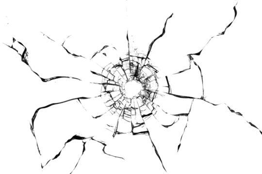 Broken glass texture. Bullet hole. Transparent background