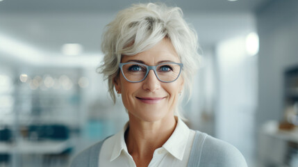 Healthcare, Eyesight And Vision Concept. Happy senior woman choosing glasses at optics store, selective focus. - obrazy, fototapety, plakaty