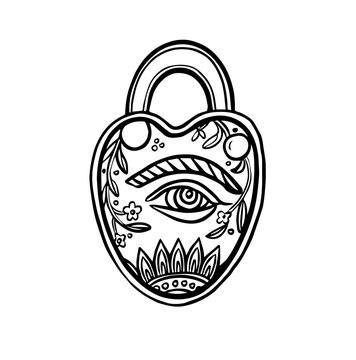 Illustration of vintage heart lock black and white vecot image