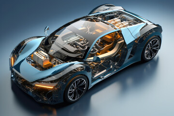 Exploded view of futuristic sports car.