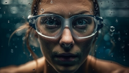 Fototapeta premium Wet adult underwater, swimming with goggles on generative AI
