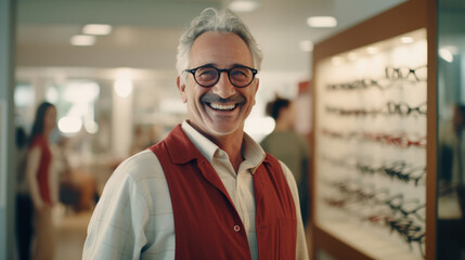 Fototapeta premium Healthcare, Eyesight And Vision Concept. Happy senior man choosing glasses at optics store, selective focus.