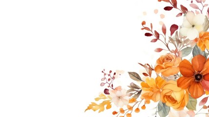 Watercolor autumn flowers of orange gold colors on white background with copy space for design. Fall floral frame. Autumn wallpaper, background for postcard, invitation, poster, banner, presentation.