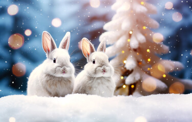 Two Bunnies on Snowy Christmas Nature Background