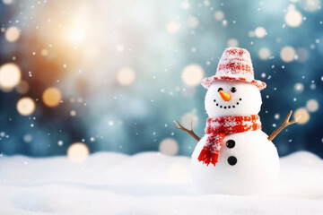 Smiling Snowman on Winter Blurred Landscape Background, Greeting Card with Copy Space