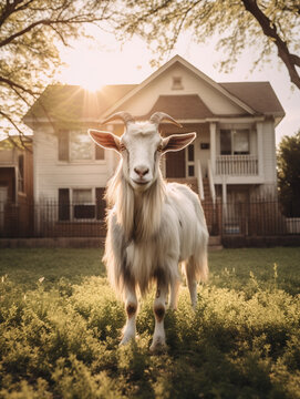 A Photo of a Goat Standing in the Backyard of a Nice House in the Suburbs