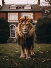 A Photo of a Lion Standing in the Backyard of a Nice House in the Suburbs