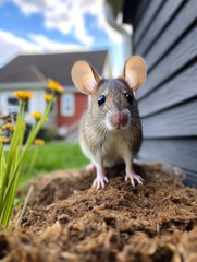 A Photo of a Mouse Standing in the Backyard of a Nice House in the Suburbs