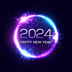 Happy New Year 2024 neon light sign. Holiday greeting card or banner design. Electric celebration circle ball with text star sparkle. Festive New Year 2024 night club sign. Vector holiday illustration