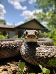Fototapeta premium A Photo of a Snake Standing in the Backyard of a Nice House in the Suburbs