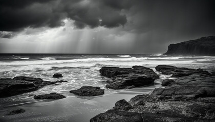 Fototapeta na wymiar Monochrome seascape dramatic cliff, breaking wave, wet rock, awe inspiring beauty generated by AI