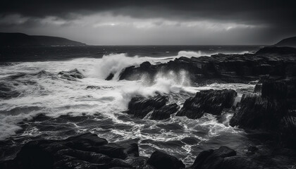 Rough stone cliff meets dramatic black and white seascape horizon generated by AI
