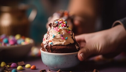 Indulgent homemade chocolate cupcakes, decorated with colorful candy and icing generated by AI