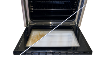 Dirty and clean oven, before and after cleaning and washing the stove glass, isolated on a white background. Washed grease on the oven window door, collage