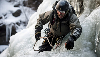Mountain climber conquers frozen peak with determination generative AI - obrazy, fototapety, plakaty