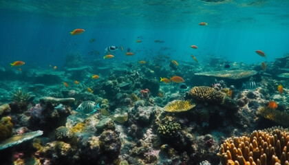 Vibrant underwater landscape tropical fish, coral, and sea life below generated by AI