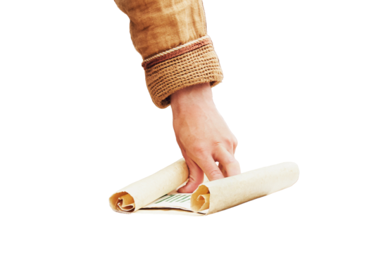 A man in vintage medieval clothes with a paper letter in his hand, isolated on a white background. Reconstruction of the events of the Middle Ages in Europe