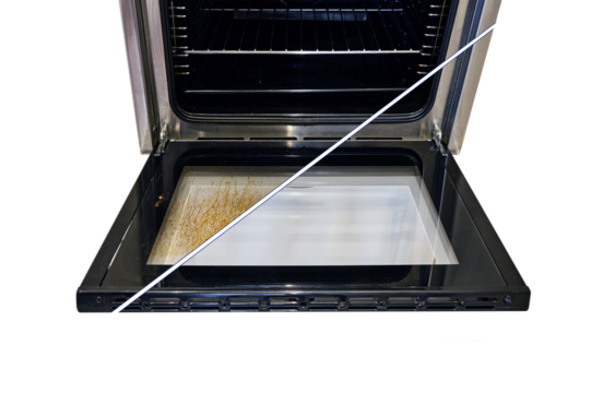 Dirty and clean oven, before and after cleaning and washing the stove glass, isolated on a white background. Washed grease on the oven window door, collage