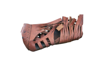 Ancient Roman leather sandal caligae, isolated on a white background. Reconstruction of military events during the wars of the Roman Empire