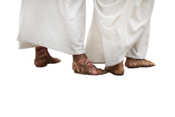 Ancient Roman people in vintage clothes and caligae leather sandals, isolated on a white background. Reconstruction of the events of the Roman Empire