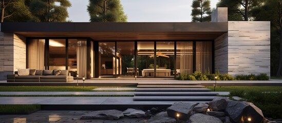 The house has a modern facade with natural stone large windows and a lantern bench - obrazy, fototapety, plakaty