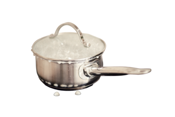 Milk porridge poured out during boiling from under the lid of the pan onto an electric induction stove, isolated on a white background