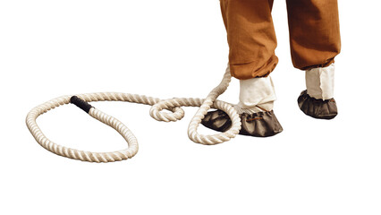 Man feet in national Russian leather shoes postol with rope, isolated on a white background