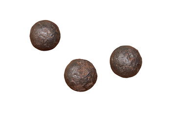 Vintage swedish cannons and metal cannonballs, isolated on a white background. Ancient military...