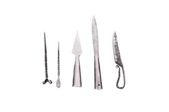 Medieval vintage weapon, isolated on a white background. Reconstruction of the events of the Middle Ages in Europe.