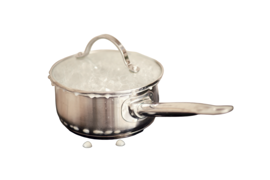 Milk porridge poured out during boiling from under the lid of the pan onto an electric induction stove, isolated on a white background