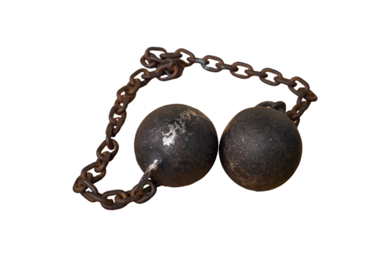 Double core chain shot for knippel ship masts by cannon shot, isolated on a white background. An ancient military arsenal of events from the Russian-Swedish War