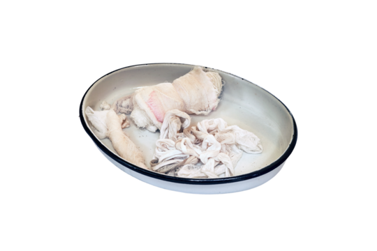 Vintage iron medical tray with bandages from the First World War, isolated on a white background