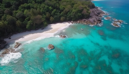 Fototapeta premium Idyllic tropical coastline, turquoise waters, and lush green forests from above generated by AI