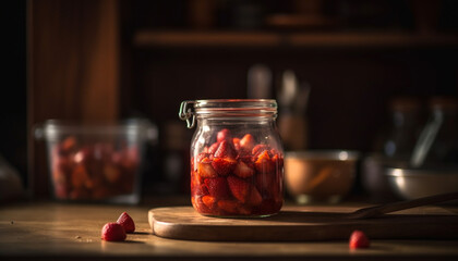 Organic vegetarian meal with fresh berry dessert on rustic table generated by AI
