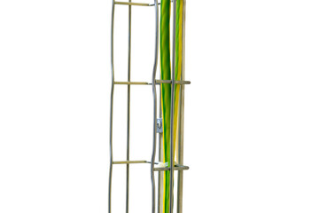 The wall of the server room is lined with cable trays to keep the cables organized, isolated on white background.