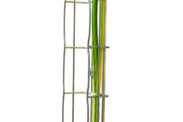 The wall of the server room is lined with cable trays to keep the cables organized, isolated on white background.