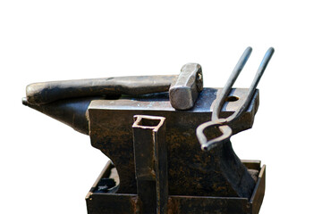 Hammer and tools for forging metal by a blacksmith, isolated on white background. Blacksmithing in retro style outdoors