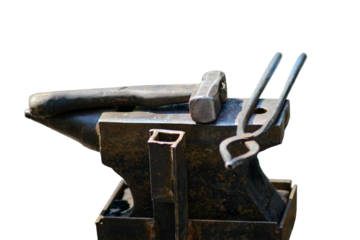 Hammer and tools for forging metal by a blacksmith, isolated on white background. Blacksmithing in retro style outdoors