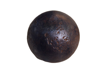 Cannonball six-pound close-up, isolated on white background. Old objects of the 18th century era, reenactment of events