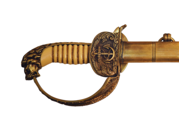 Retro naval officer's sword with an anchor and a lion on the hilt, isolated on white background. Old objects of the 18th century era, reenactment of events