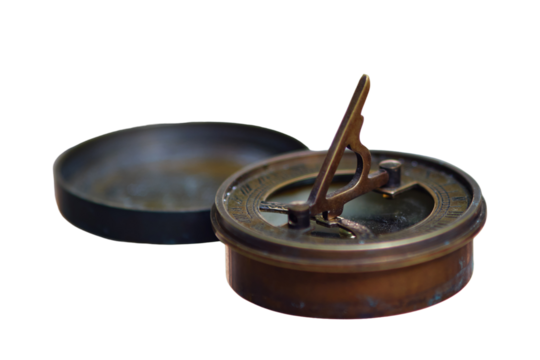 Antique ship compass made of brass, isolated on white background. Old objects of the 18th century era, reenactment of events