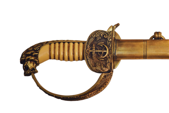 Retro naval officer's sword with an anchor and a lion on the hilt, isolated on white background. Old objects of the 18th century era, reenactment of events