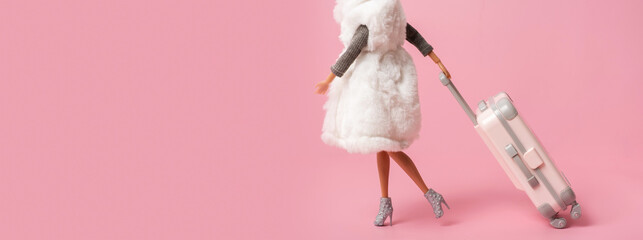 A doll with a suitcase on wheels rushes to the plane. Travel, vacation creative banner concept