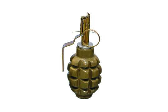 A blank grenade used for training and education purposes in the military, isolated on white background.
