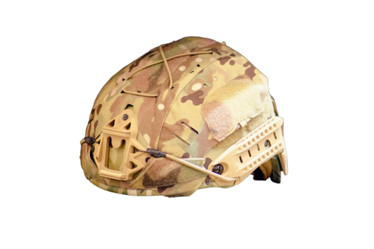 The soldier's helmet, part of the khaki military uniform, is present in the military clothing store, isolated on white background.